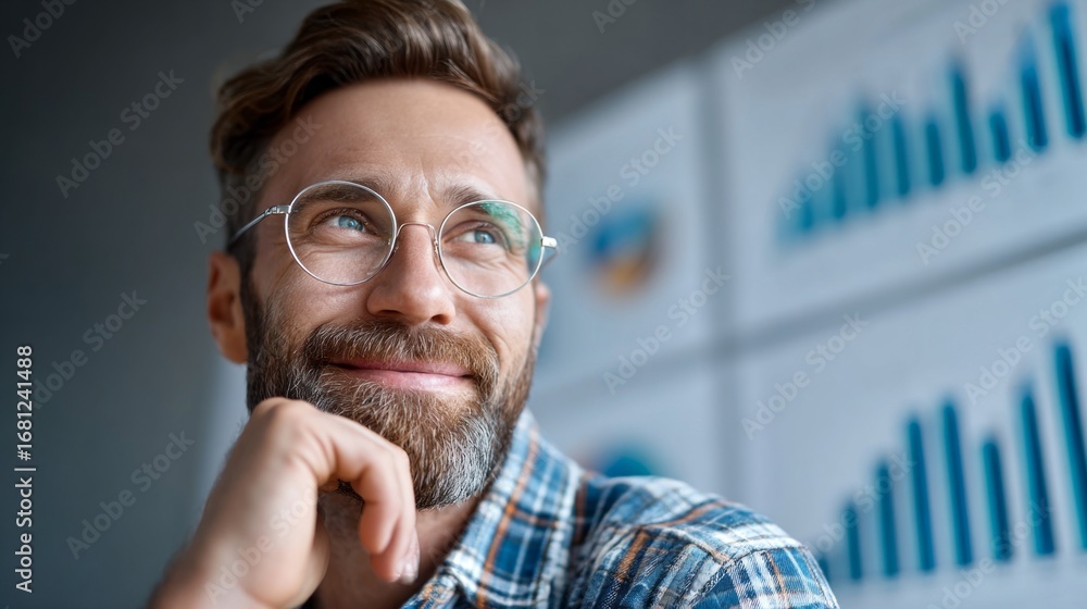 Poster startup founder reviews performance metrics and feels optimistic about future growth in modern offic
