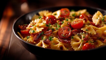 Gourmet Pasta with Crispy Bacon and Cherry Tomatoes then garnished with fresh parsley for a touch of vibrant green. The dish is a perfect blend of rustic comfort and gourmet presentation.

