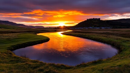 Breathtaking panoramic sunset view over River Aln with Alnwick Castle silhouetted against a colorful evening sky.
