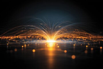 Abstract Light Burst Emanating on Dark Surface with Glowing Particles and Flowing Lines Close Up