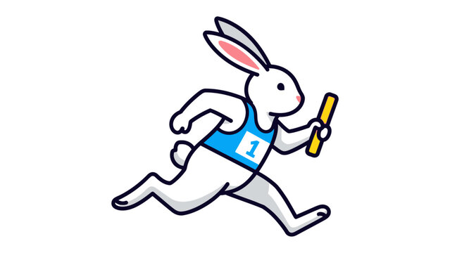 Rabbit Runner: A dynamic cartoon illustrates a swift rabbit dashing forward in a track race, gripping a golden baton, symbolizing speed and agility, the essence of competition.
