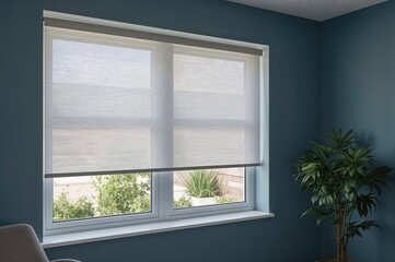 White fabric roller shades on a plastic window featuring wood grain in a living area with blue walls