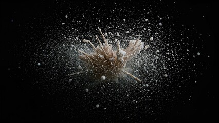A burst of white dust spreading out over a black surface, creating a chaotic assembly of tiny white specks like a snowstorm.