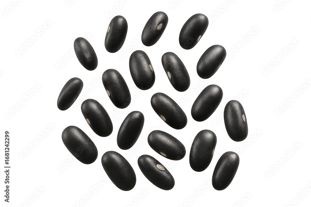 Poster black beans dropping dynamically through transparent space, highlighting natural texture and culinar