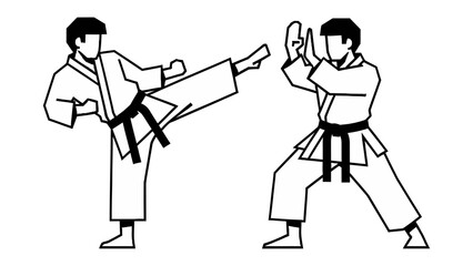 Karate Demonstration: Two karate practitioners execute dynamic movements in a minimalist representation, displaying a captivating and artistic blend of skill, technique, and martial discipline. 