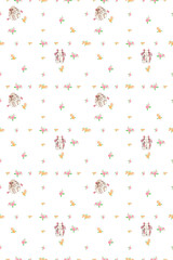 Two little bunnies on small pink and orange flowers on a white background. A cute seamless pattern for banners, posters, wallpaper, and textiles.