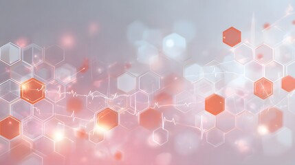 Luminous EKG Pulse Across a Coral and Grey Hexagonal Medical Technology Grid.