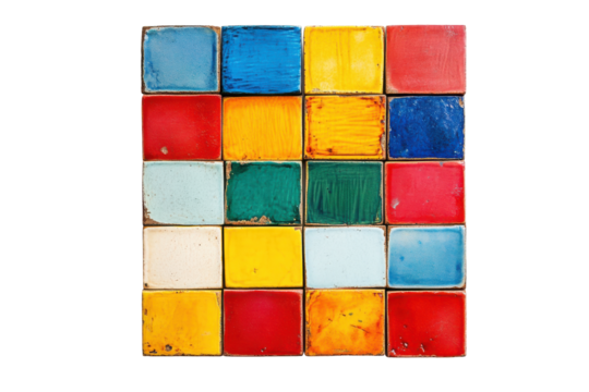 Colorful vintage building blocks arranged in grid isolated on transparent background. Colorful tile isolated on white background.