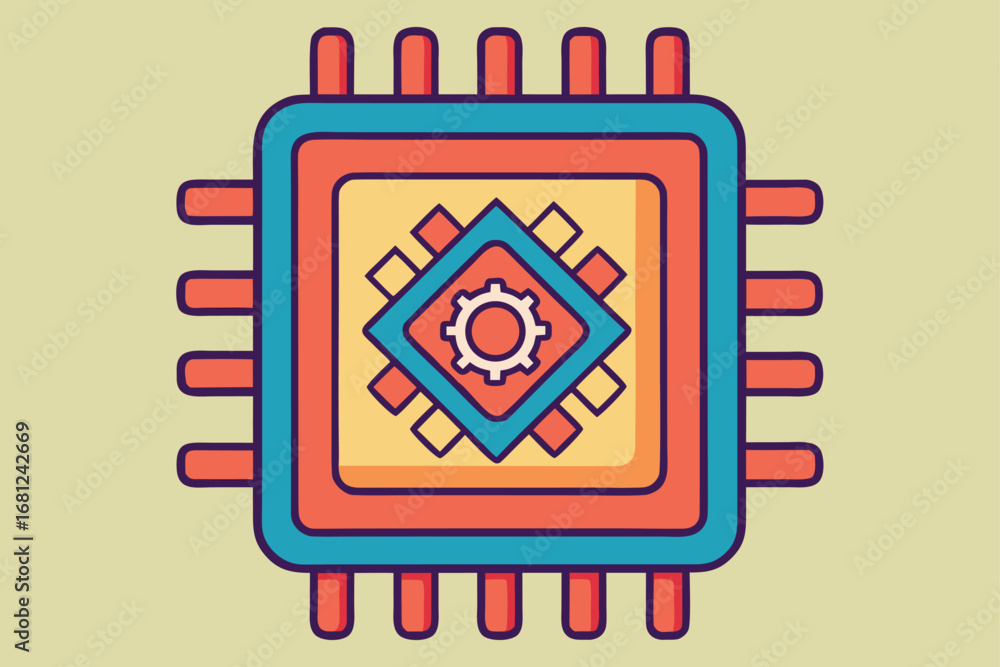 Poster colorful cartoon illustration of a computer processor chip with gears inside technology electronic