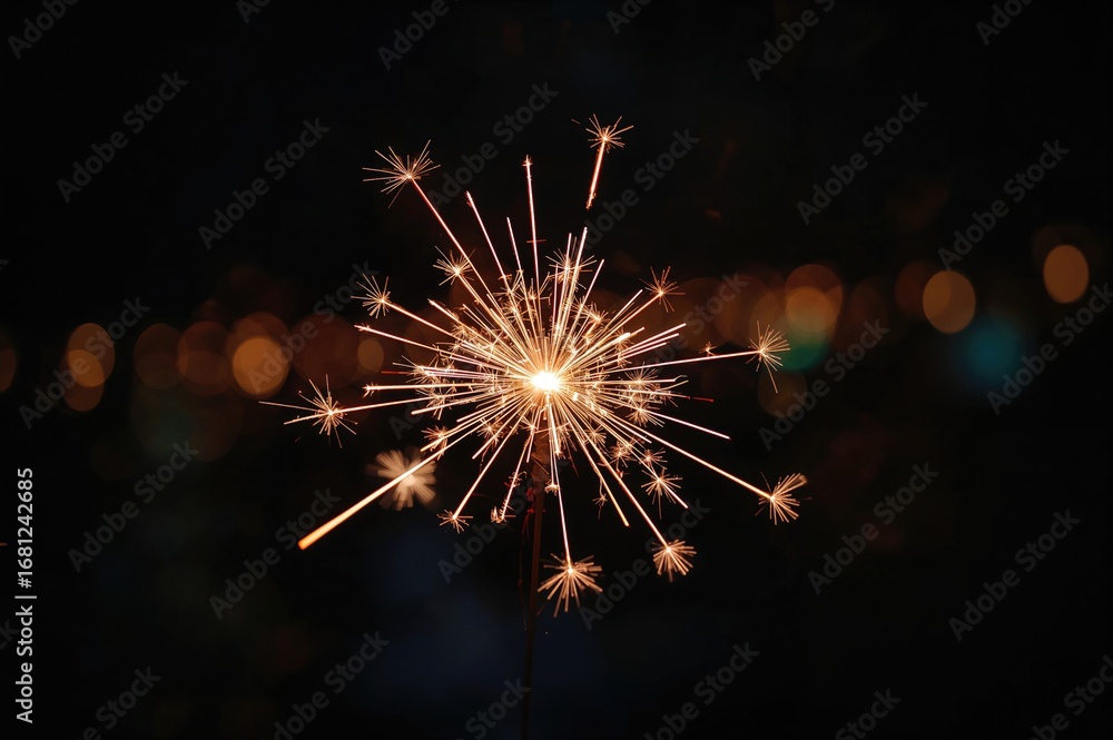 Poster colorful sparkler with bokeh lights on a dark background
