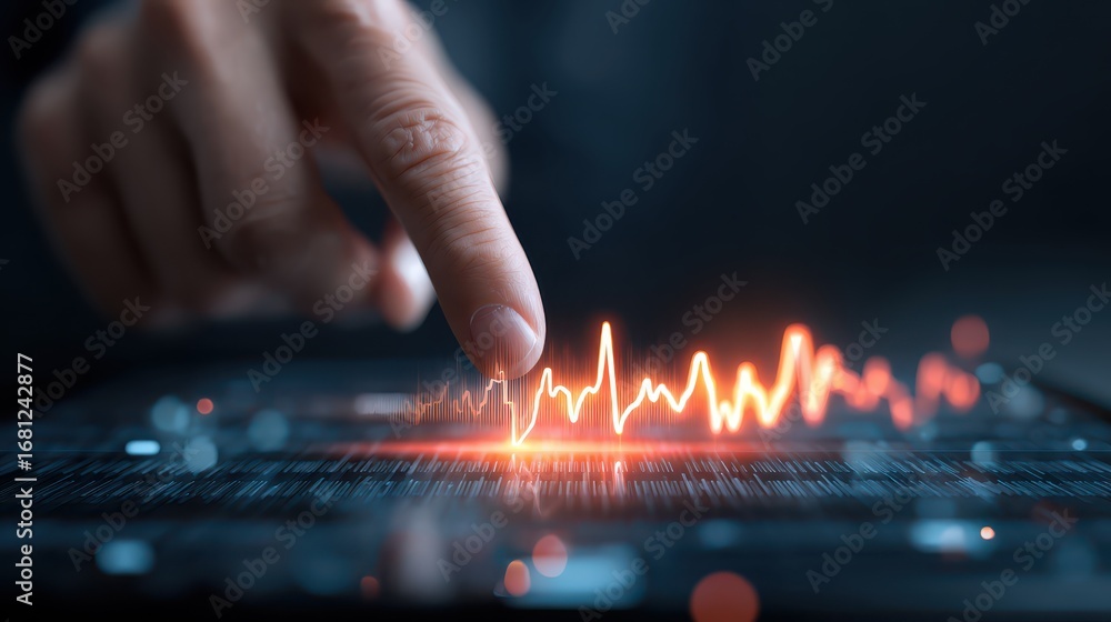 Poster hand touching digital screen with colorful heartbeat graph visualization