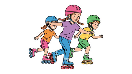 Roller Skating Fun: Three young children, all smiles, enjoying the joy of roller skating. A captivating illustration showcasing the active play and laughter of youth. 