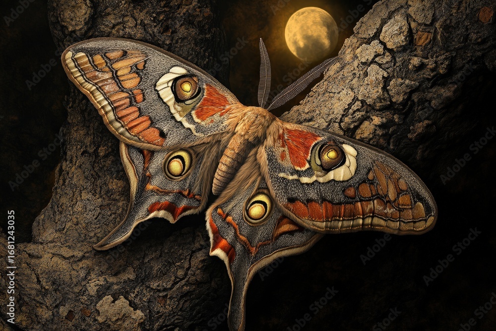 Poster a magnificent moth, showcasing intricate patterns and rich colors, rests on a weathered tree branch 