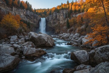Fototapeta premium Gentle illumination on cascading waterfalls flowing over rocks beside a peaceful river surrounded by fall colors