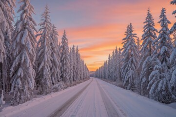 Sunset over a winter forest blanketed with snow and ice-covered trees