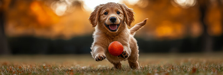 Adorable golden retriever puppy joyfully dashes across sunlit grassy field, clutching orange ball in its mouth, framed by soft, warm bokeh backdrop.