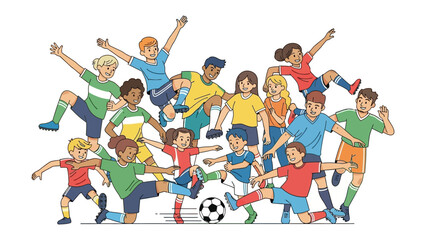 Youthful Soccer Team in Action: A dynamic illustration showcases a vibrant soccer team, joyfully engaging in the sport, depicting teamwork and the exuberance of youth