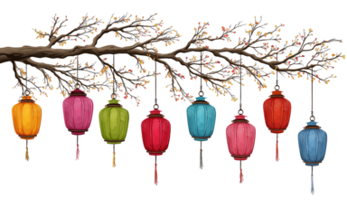 Colorful hanging lanterns on a tree branch at night isolated on a transparent background