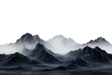 Dramatic dark mountain peaks rising through ethereal mist isolated on transparent background. Dark mountains with foggy valley isolated on white background.