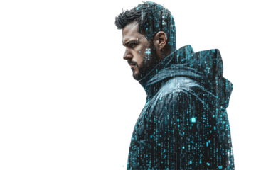 Man in futuristic digital jacket isolated on transparent background.