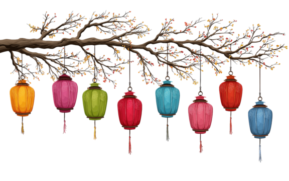 Colorful hanging lanterns on a tree branch at night isolated on a transparent background