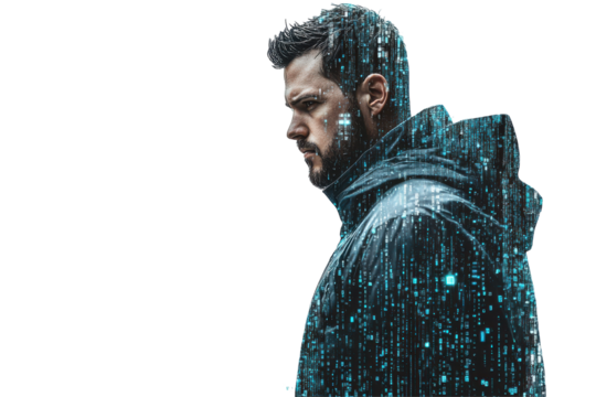 Man in futuristic digital jacket isolated on transparent background.