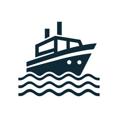 Obraz premium Dark Blue Boat Icon Sailing on Wavy Water on White Background ship vessel