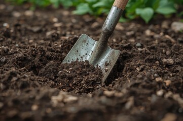 Close-up of earth with digging tool, shallow depth of field