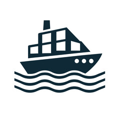 Dark blue cargo ship sailing on wavy water with white background boat