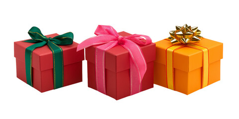 Obraz premium Three Wrapped Gift Boxes with Ribbons present isolated on a transparent background