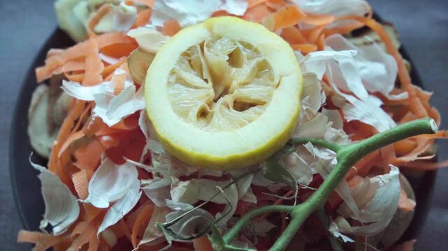 Close-up of a bowl of bio-waste, carrots, lemon slice, garlic peels, etc. Waste sorting.