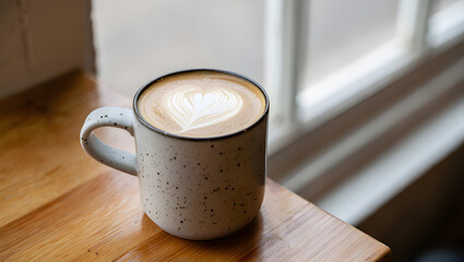 A cup of latte art with a heart shape on a wooden table near a window, perfect for a cozy morning or a cafe setting