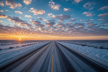 Fototapeta premium Snowy winter highway under a colorful evening sky with clouds