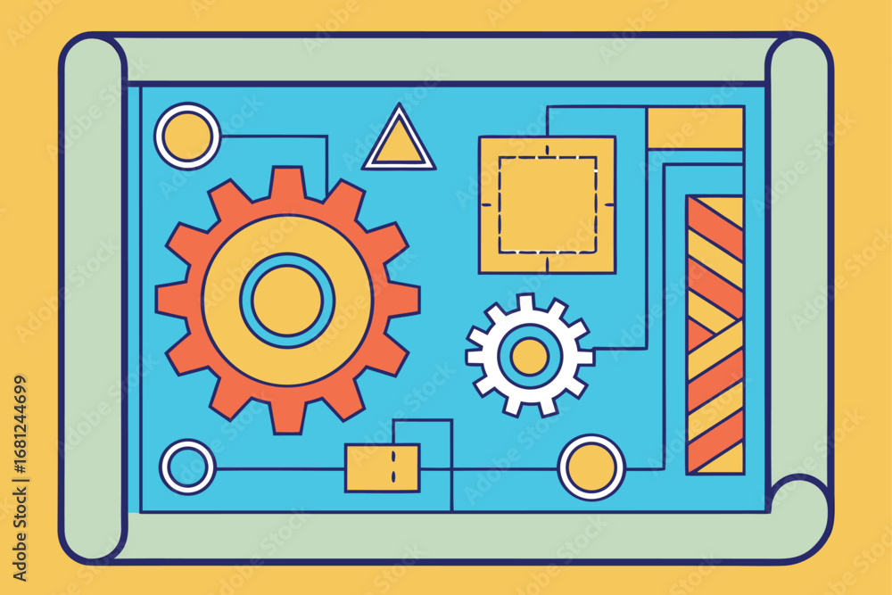 Poster engineering blueprint with gears and circuit diagram elements plan
