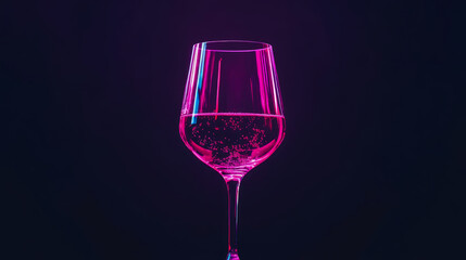 Mesmerizing neon pink bubbly drink in sleek wine glass, exquisitely lit to highlight its effervescence against chic, dark, minimalist backdrop.