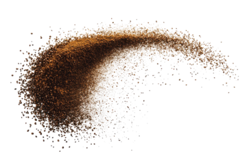 Coffee brown powder swirling in a dynamic curve isolated on transparent background. Flying coffee powder isolated on white background.