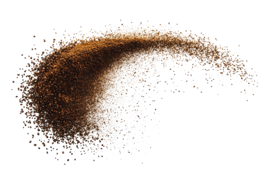 Coffee brown powder swirling in a dynamic curve isolated on transparent background. Flying coffee powder isolated on white background.