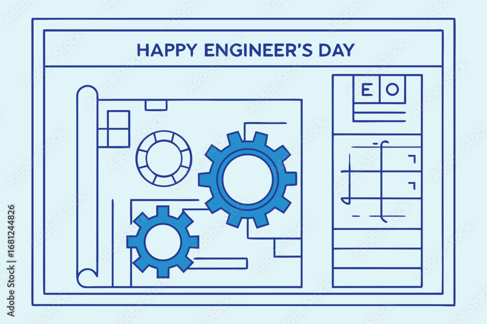Poster engineering blueprint with gears and text for engineer's day plan