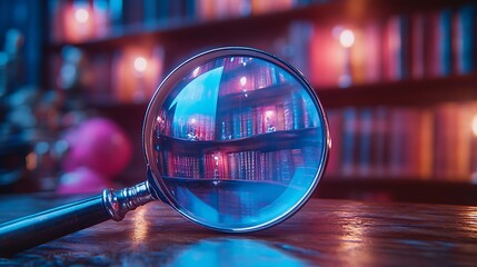A magnifying glass reflecting bookshelves in a dreamy library photo
