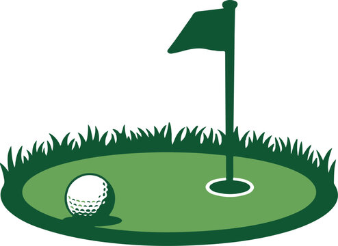 Golf course green with flag or flagstick and golf ball