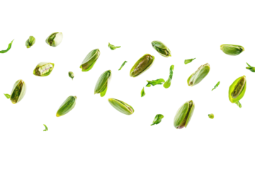 Green cardamom pods scattered and isolated on transparent background. Flying pistachios isolated on white background.