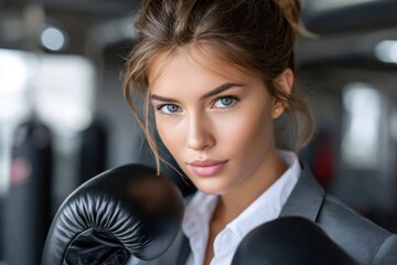 Woman in boxing gloves poses confidently in a gym setting during early morning training