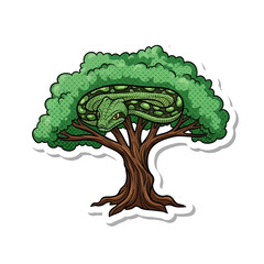 Snake in a Tree Sticker: A detailed illustration of a green snake coiled in a leafy tree, perfectly rendered as a sticker with a retro, hand-drawn aesthetic.