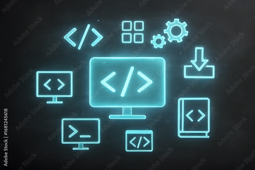 Poster abstract illustration of coding symbols and elements, technology and software development concept