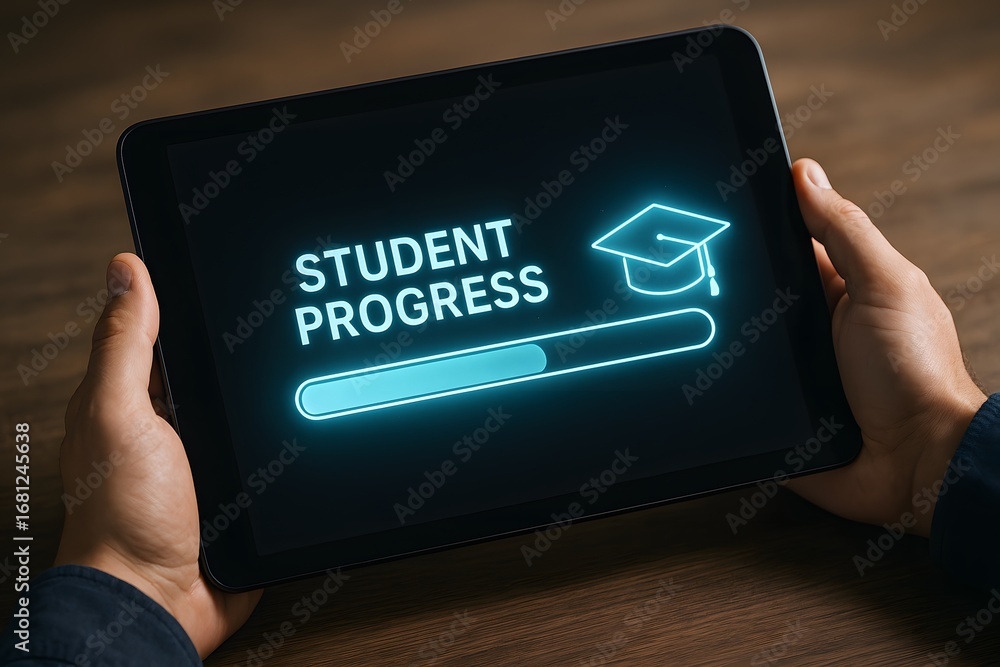 Poster a tablet displaying student progress with a graduation cap icon and loading bar
