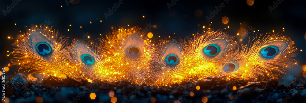 Poster row of luminous peacock feathers glowing with golden light and sparkling bokeh on dark, mystical bac