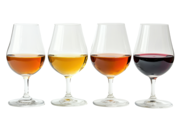 Colorful alcoholic drinks in elegant stemmed glasses isolated on transparent background. Different kinds of wine glasses isolated on white background.