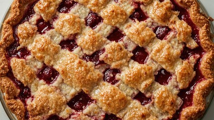 Tasty cherry dessert with a golden crust and bright red fruit, shot in a high-quality culinary photography style emphasizing detail and hues.