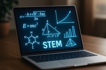 Laptop screen displaying complex STEM concepts and formulas, perfect for educational, technological and scientific projects
