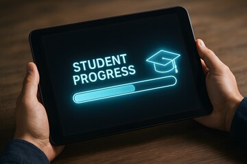 A tablet displaying student progress with a graduation cap icon and loading bar